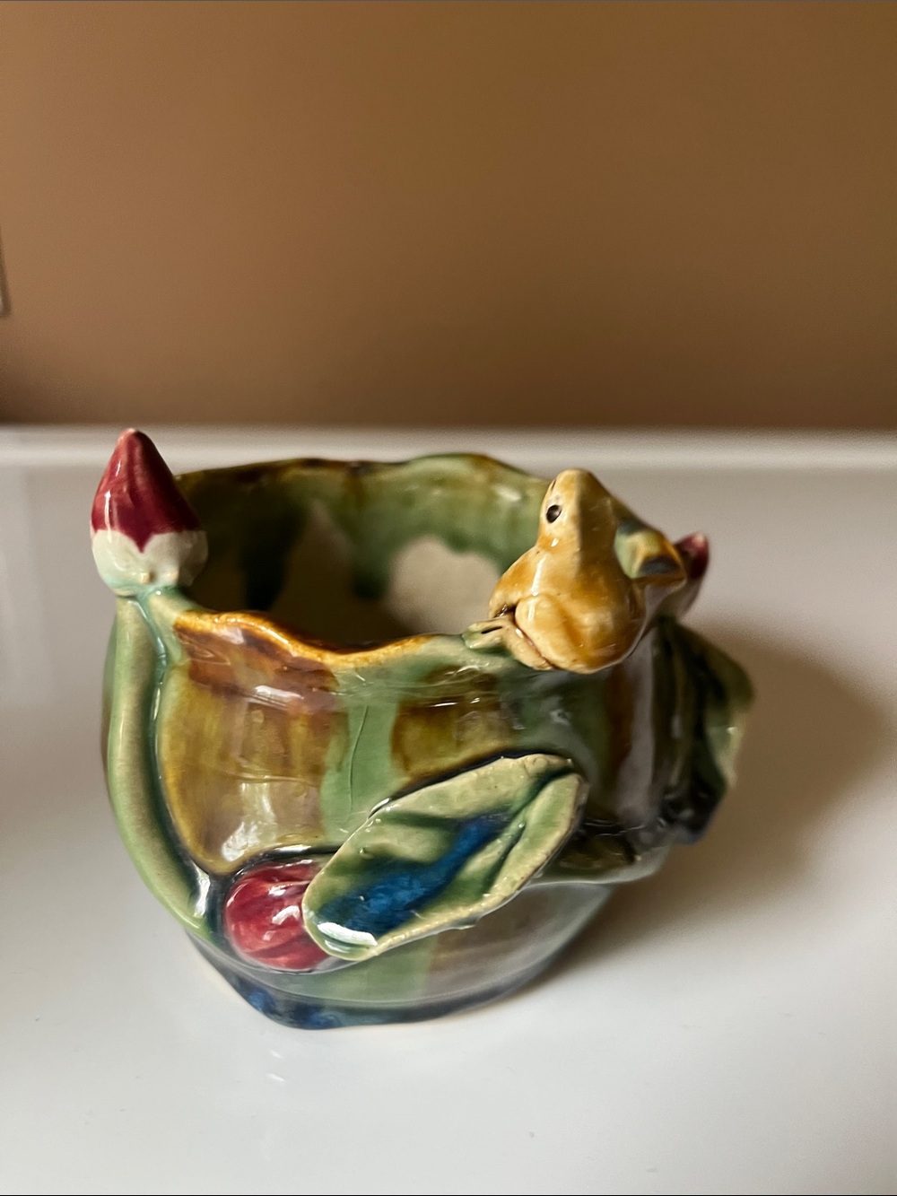 Vintage Majolica-style art pottery frog and lotus planter